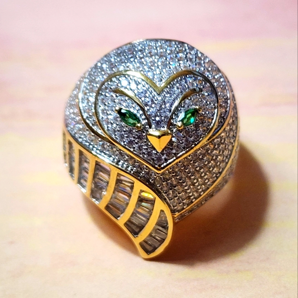 JTV Owl CZ, Chrome Diopside,  18k Gold over Sterling Ring